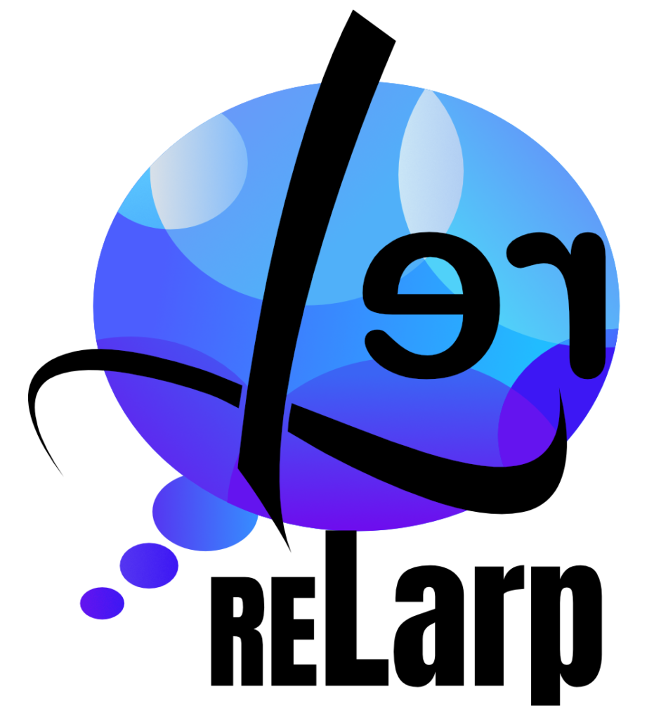 blue thought bubble with stylized L and re, below reLarp