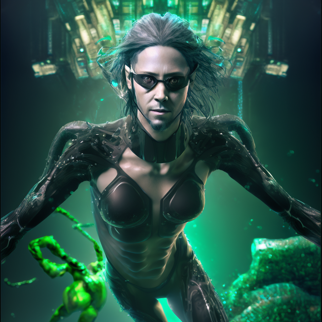 androgynous, floating human-machine hybrid