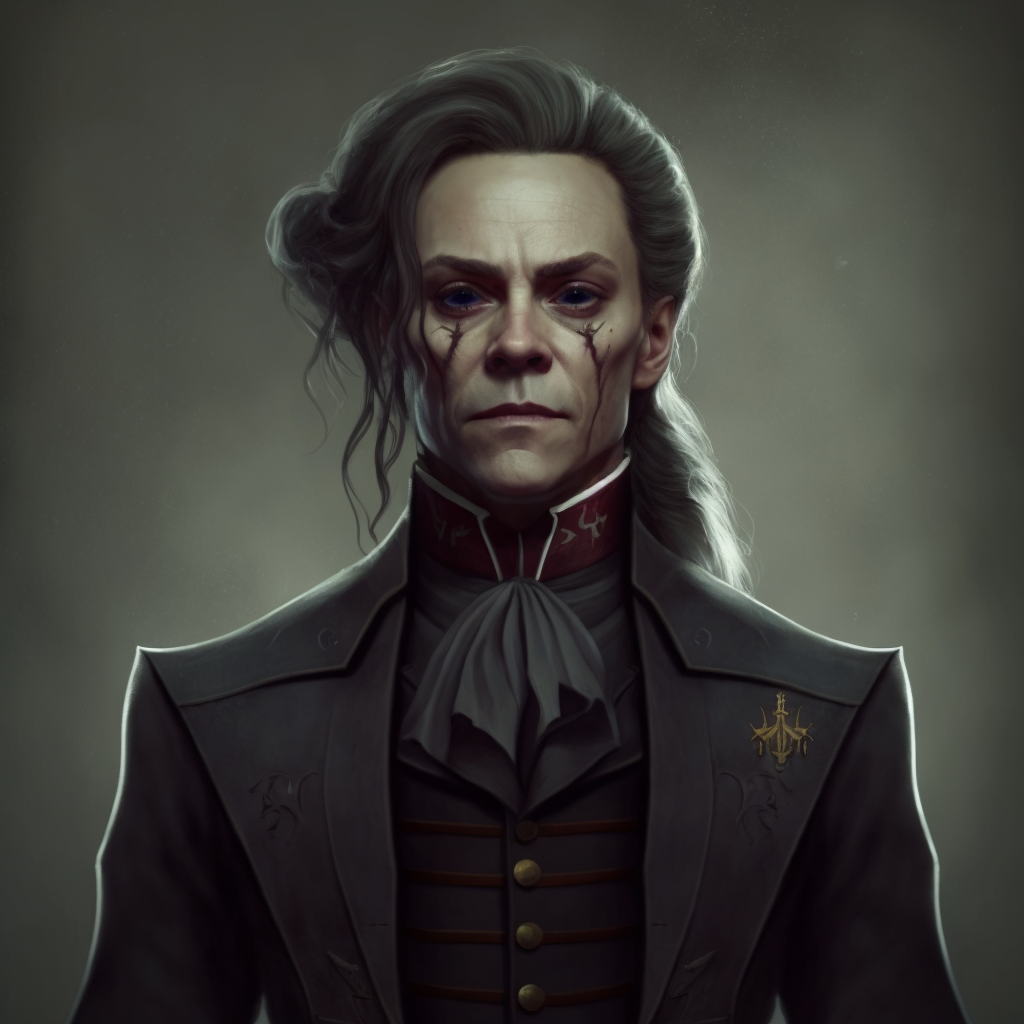 human with dark glowing eyes in a dark suit